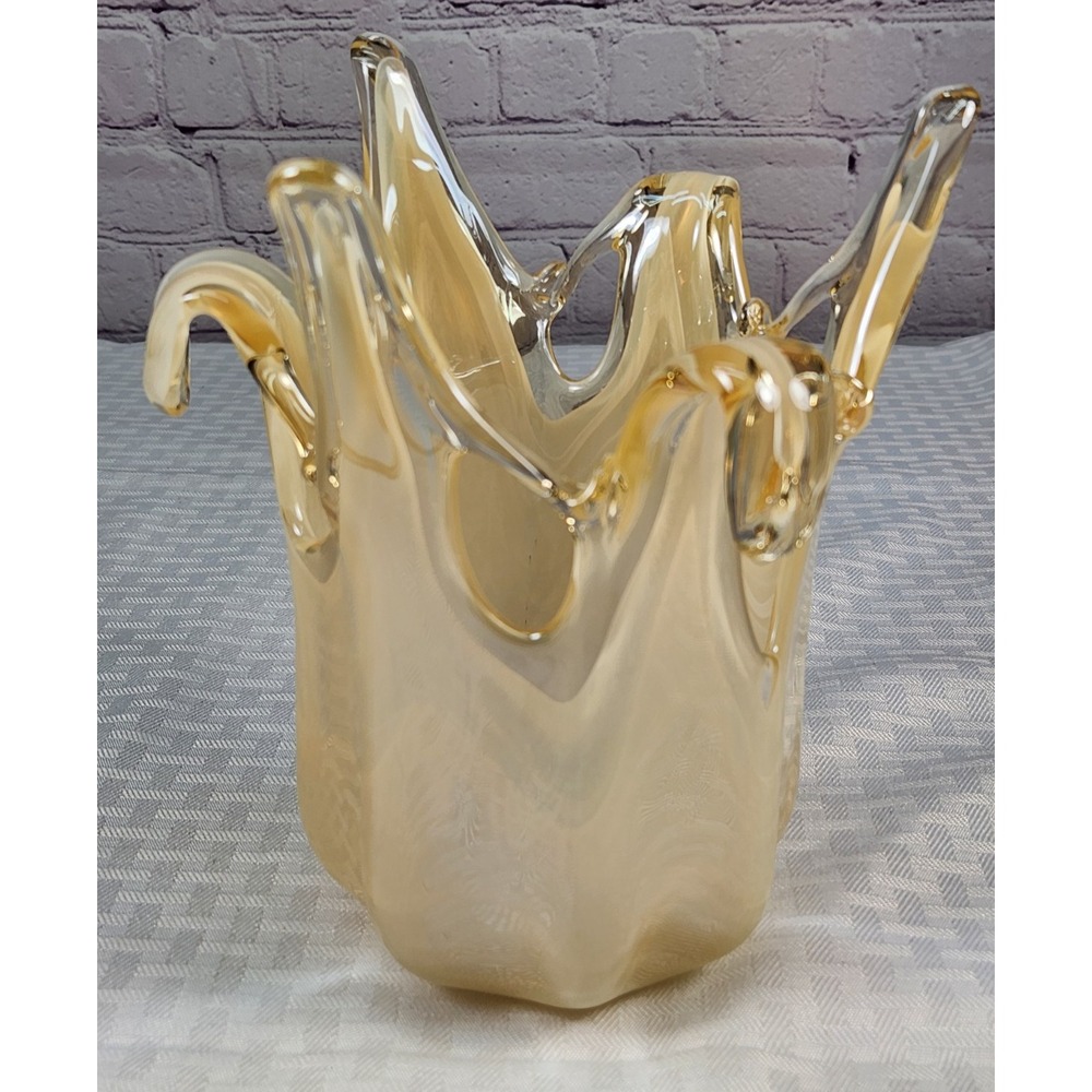 Italy Murano Blown Glass Bowl Vase Splash Of Beautiful Color Gold Yellow Cream